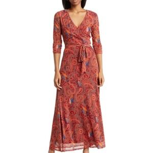 Harlow & Rose Paisley Print Maxi Dress Burnout Sheer Sleeve Boho Chic Sz‎ M M